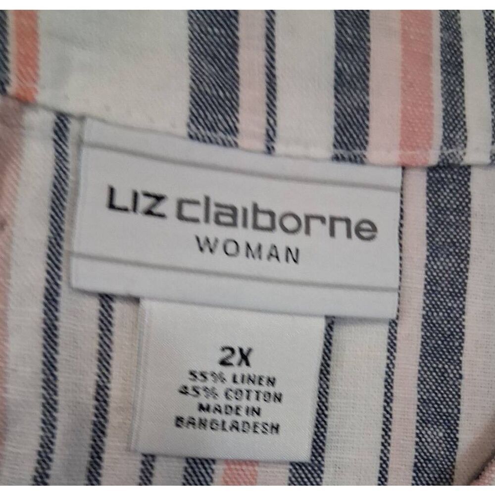 Liz Claiborne womens 2xl linen blouse gray coral pink stripe top summertime - Picture 4 of 9